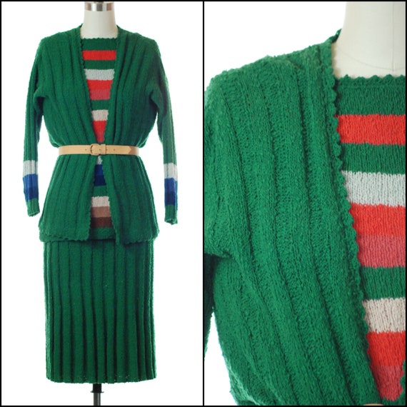 1940s Sweater Set | 40s Knit Three Piece Rainbow S