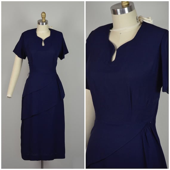 1940s Dress | Classic 40s Navy Blue Rayon Dress wi