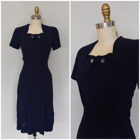 1940s Dress | Classic 40s Navy Blue Rayon Dress wi