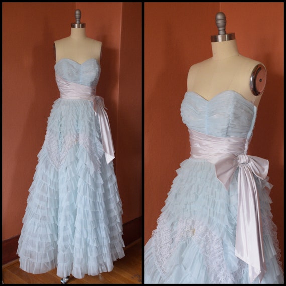 1950s Dress | Dreamy Pale Blue 1950s Ruffle Tiered