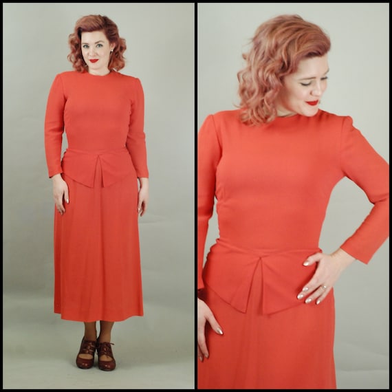 1940s Dress | 40s Coral Crepe Dress with Bustle -