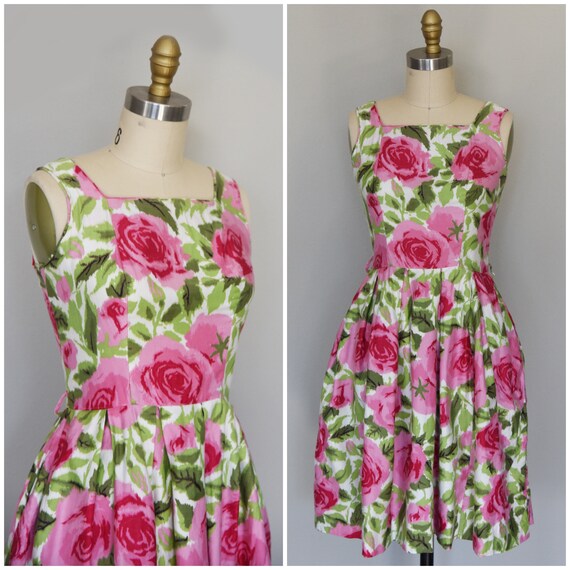 1950s Dress | Lovely 1950s Cotton Rose Print Dress