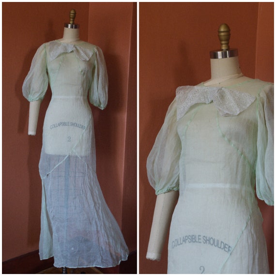 1930s Dress | Charming 30s Green Organza Dress wit