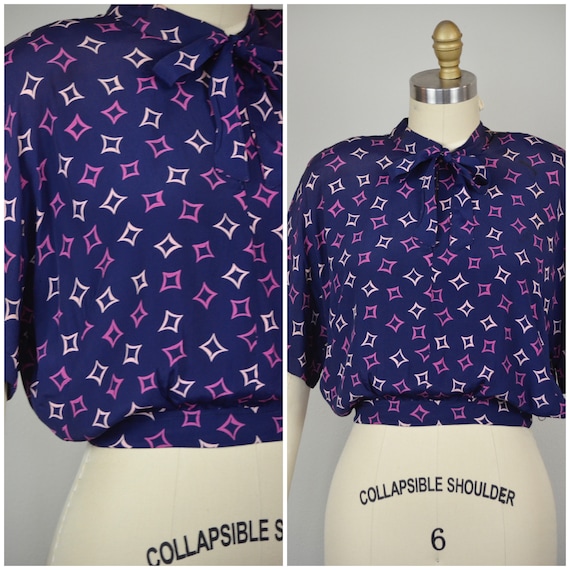 1940s Blouse | Gorgeous 40s Navy Blue Print Rayon