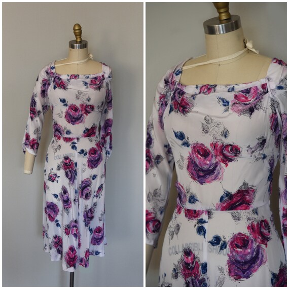 1950s Dress | Gorgeous 50s Rose Print Rayon Dress