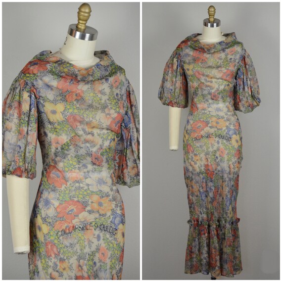 1930s Dress | Lovely 30s Floral Silk Chiffon Dress