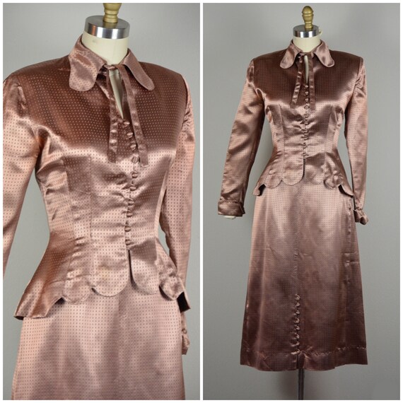 1940s Suit | Gorgeous 40s Rayon Satin Rose Gold Te