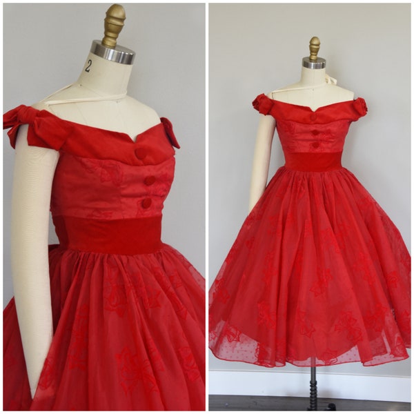 1950s Dress | Magical 50s Party Dress with Flocked Velvet Bows from Emma Domb - Size XS