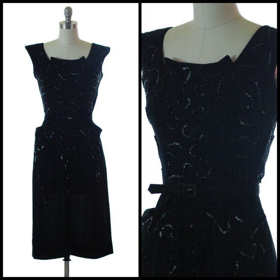 1940s Dress | 40s Black Rayon Sequined Dress - Siz