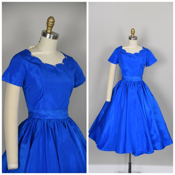 1950s Dress Set | Crisp 50s Sapphire Taffeta Blous