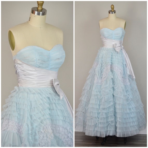 1950s Dress | Dreamy Pale Blue 1950s Ruffle Tiered