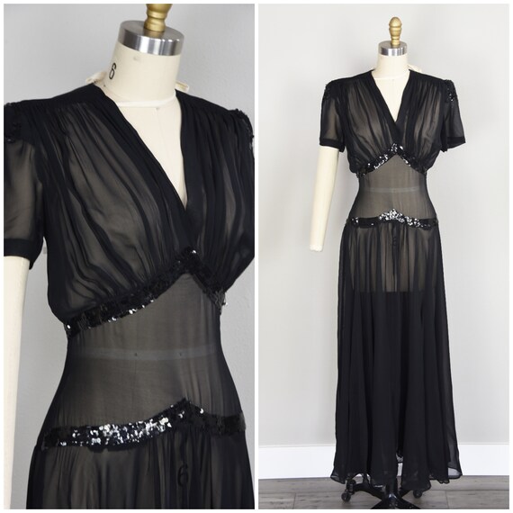 1930s Dress | Late 30s/Early 40s Sheer Black Sequi