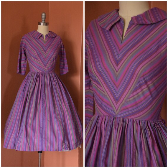 1950s Dress | Fabulous 50s Barkcloth Chevron Strip