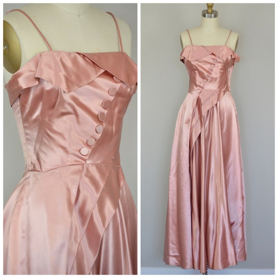 1940s Dress | Lovely 40s Dusty Pink Satin Gown wit