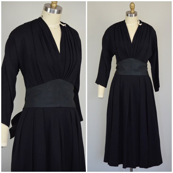 1950s Dress | Late 40s/Early 50s Black Rayon Dress
