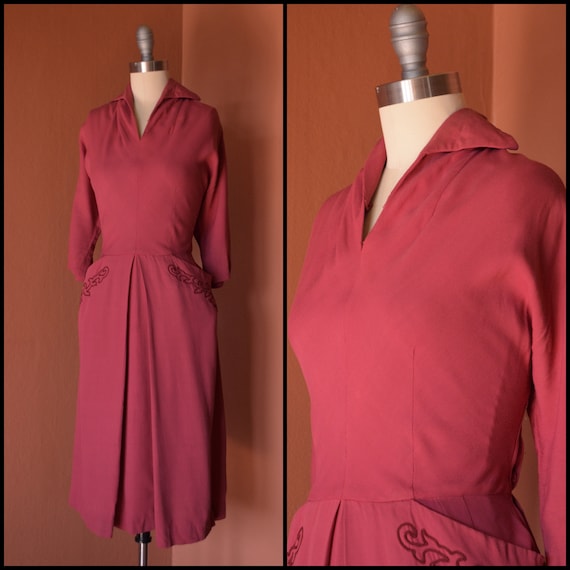 1940s Dress | Chic 40s Raspberry Gabardine Dress -