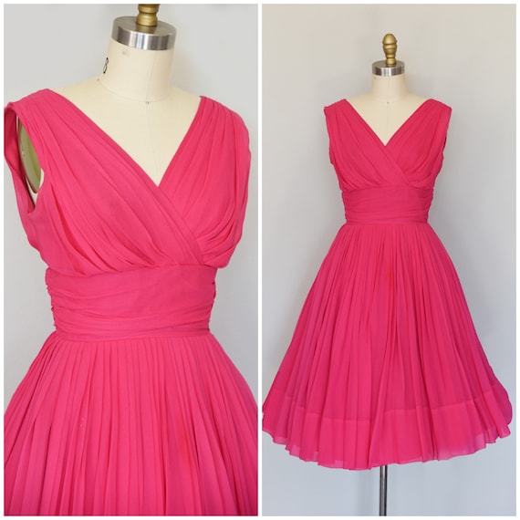 1950s Dress | Lovely 50s Pink Chiffon Dress with W