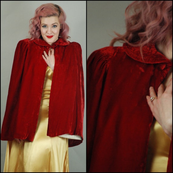 1930s Cape | 30s Silk Velvet Red Cape with Quilted