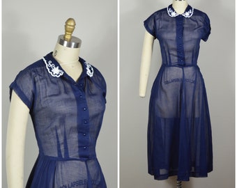 1940s Dress | Sweet 1940s Cotton Sheer Dress with Beads - Size Small | 1940s Sheer Dress