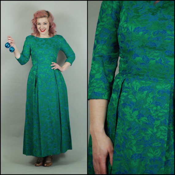 1950s Dress | 1960s Green and Blue Brocade Evening