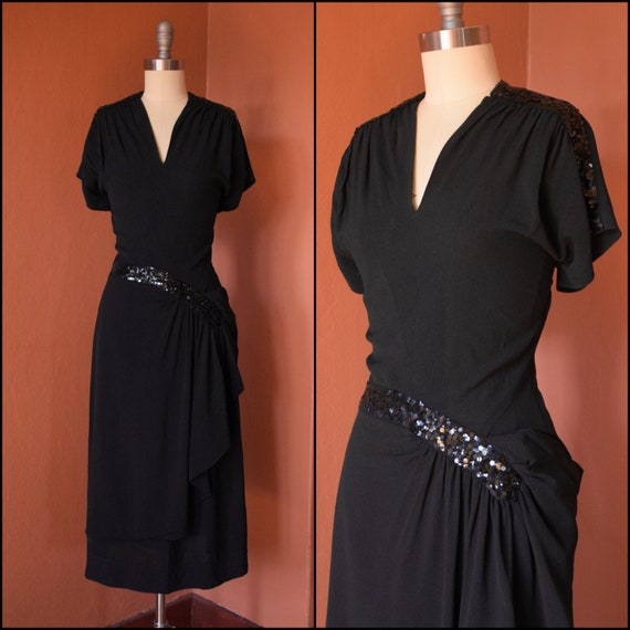 1940s Dress | 40s Black Sequin Day dress with Hip