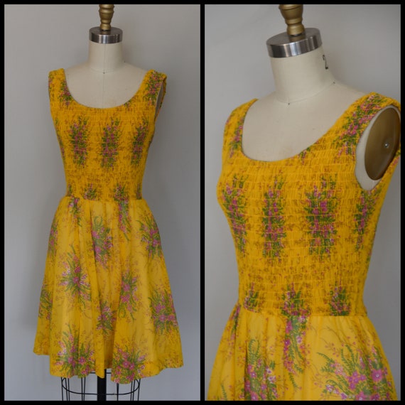 1970s Dress | Adorable 70s Smocked Mini Sundress f