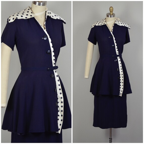 1940s Dress | Smart 40s Navy Blue Rayon Dress with