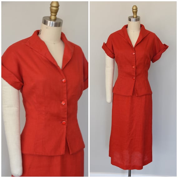 1940s Suit | Smart 40s Lipstick Red Linen Suit - S