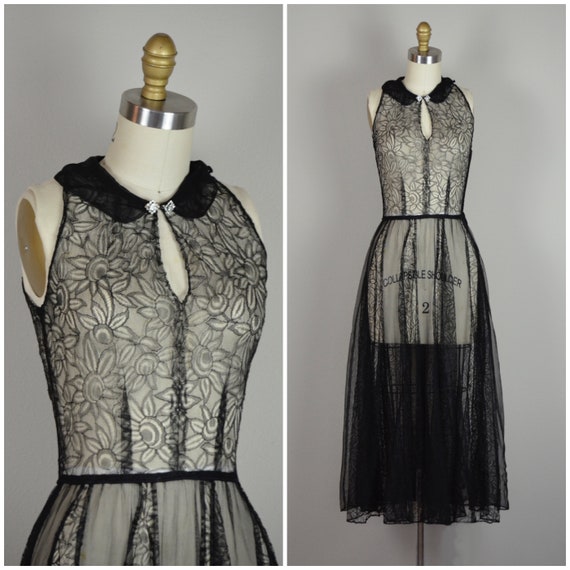 1930s Dress | Dramatic 30s Black Lace and Mesh Dre