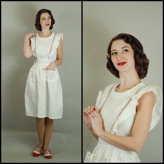 1940s Pinafore | 40s White Linen Pinafore Dress wi