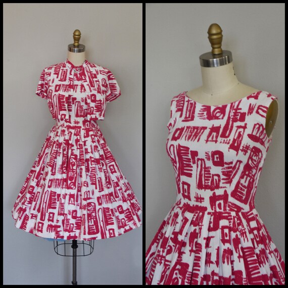 1950s Dress Set | Striking 50s Linen Fit and Flare