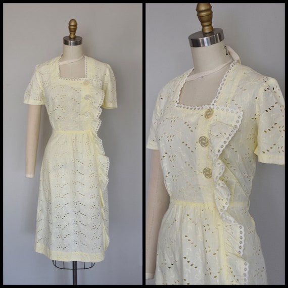 1930s Dress | Crisp 30s Cotton Eyelet Dress with E