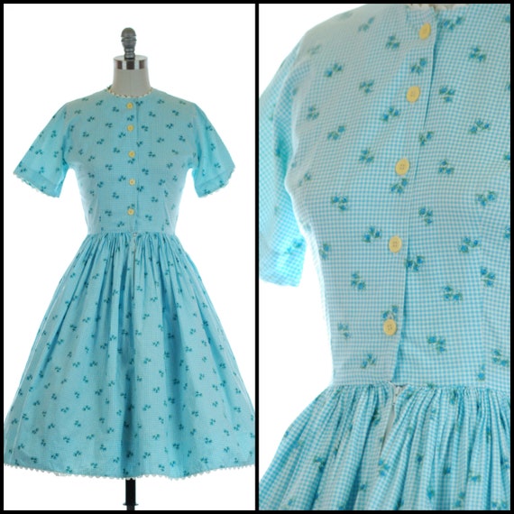 1950s Dress | Sweet 50s Cotton Blue Gingham Floral