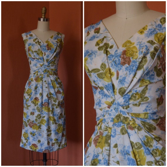 1950s Dress | Sassy 50s Nylon Jersey Floral Wiggle