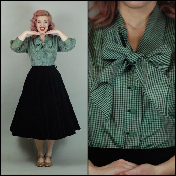 1940s Blouse | 1940s Green Taffeta Gingham Blouse