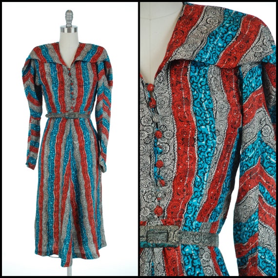 1940s Dress | Sculpted 40s Red White and Blue Silk