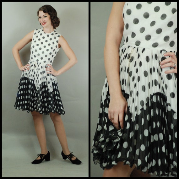 1960s Dress| 60s Black and White Polka Dot Two Ton