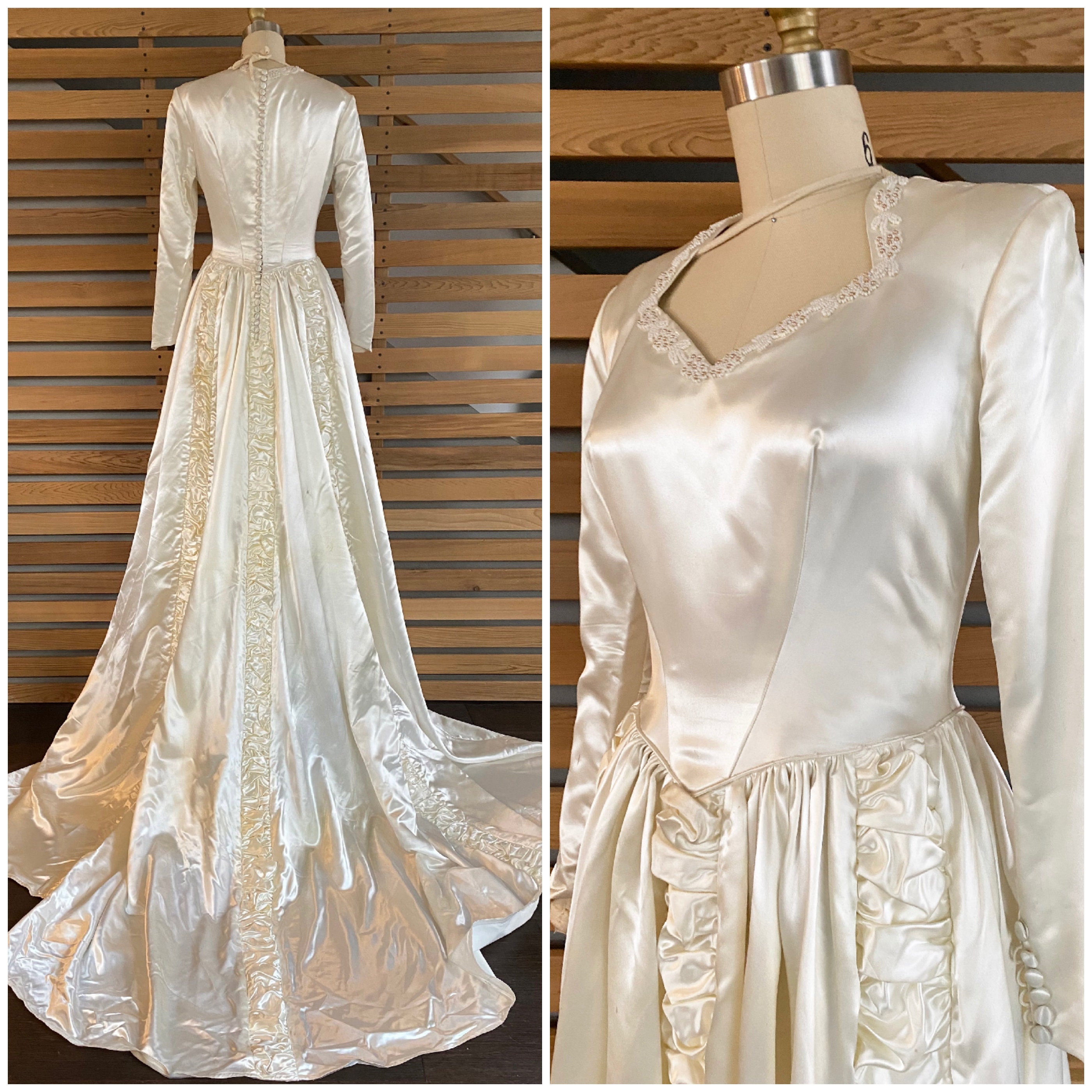 1940s Wedding Dress Showstopping 40s Satin Wedding Gown with Ruching