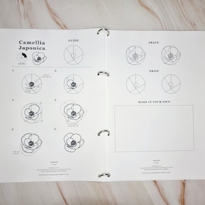 May include: A black and white guide for drawing a camellia japonica flower. The guide includes six steps, starting with a circle and ending with a fully drawn flower. The page also includes a section for tracing and drawing the flower, as well as a blank space for making your own design.