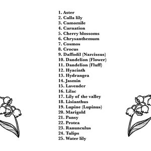 K&ouml;nnte beinhalten: Eine Schwarzwei&szlig;-Zeichnung einer Maigl&ouml;ckchen-Blume. Die Blume ist mit einem Stiel und Bl&auml;ttern dargestellt. Das Bild wird von einer Liste mit 25 verschiedenen Blumennamen begleitet.