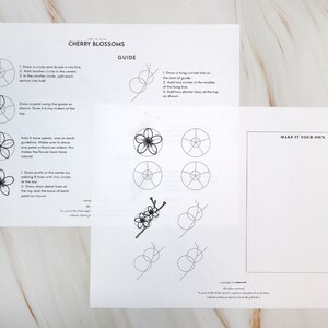 K&ouml;nnte beinhalten: Eine druckbare Anleitung zum Zeichnen von Kirschbl&uuml;ten. Die Anleitung umfasst drei Schritte mit Illustrationen, die zeigen, wie man einen Kreis zeichnet, Bl&uuml;tenbl&auml;tter hinzuf&uuml;gt und Details zur Blume hinzuf&uuml;gt. Die Anleitung enth&auml;lt auch einen leeren Bereich, um Ihre eigene Kirschbl&uuml;te zu zeichnen.