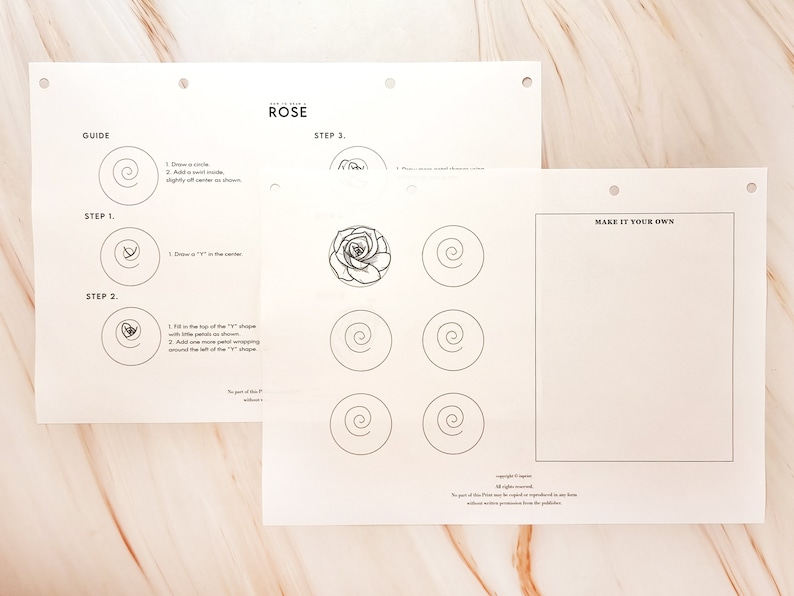 Op de afbeelding: Een printbaar werkblad met instructies over hoe je een roos kunt tekenen. Het werkblad bevat een gids met drie stappen, een voltooide roostekening en verschillende lege cirkels om te oefenen.