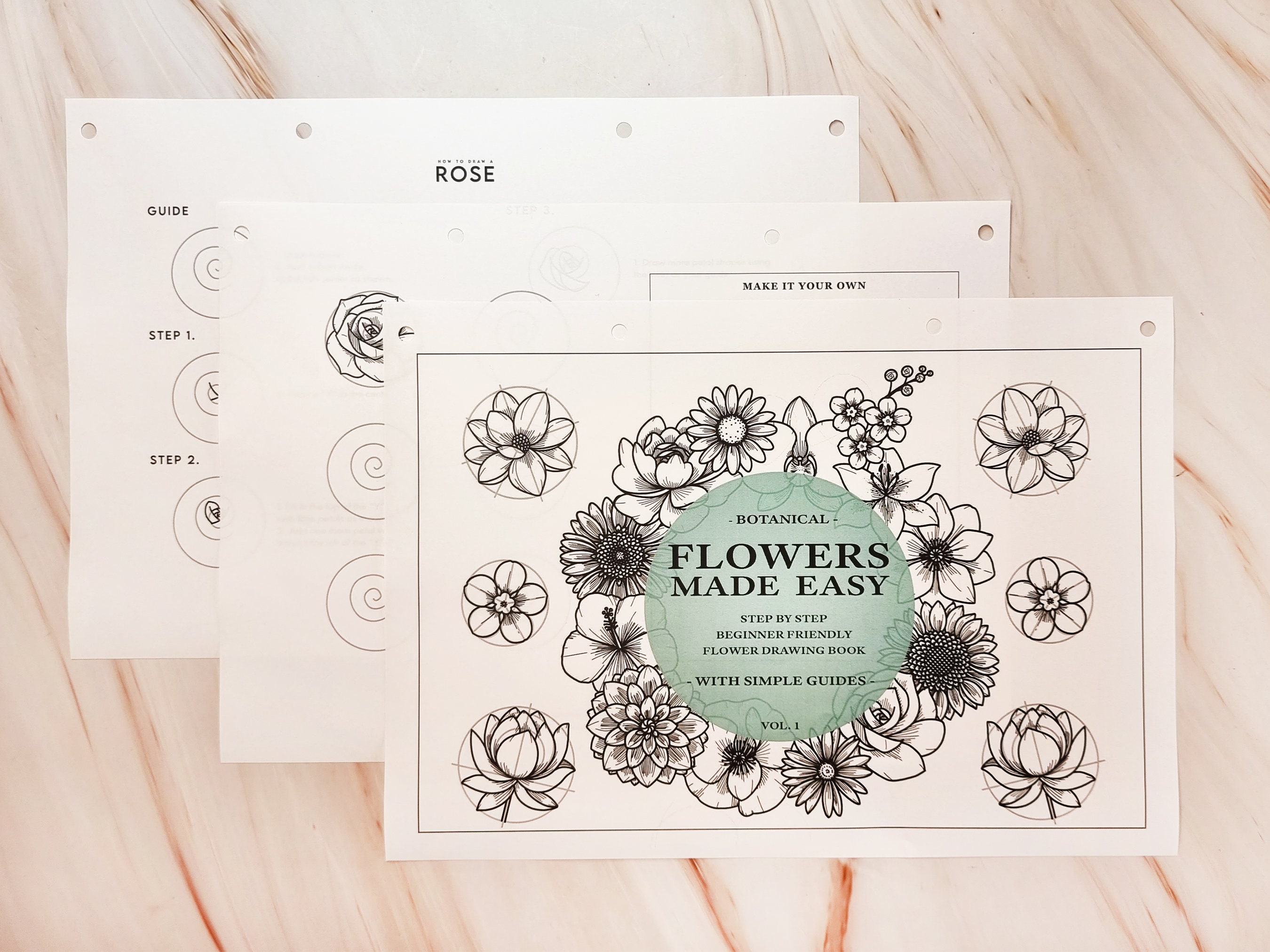 花の描き方 Vol 2、ステップバイステップの描画チュートリアルとガイド付き | 新しいアーティストのための初心者および中級者向けの本 | 早く学べる  - Etsy 日本, image size:2700x2025