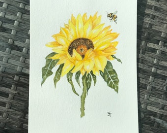 Watercolour Painting of Sunflower and Bee, Wall Art, Kitchen Decor, Watercolor Flowers, Sunflower Painting, Wall Decor, Botanical Art