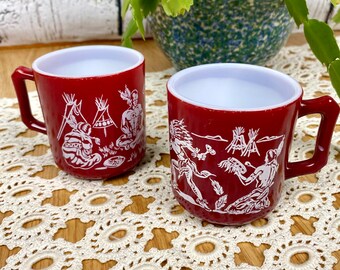 Vintage Hazel Atlas Indian Childs Mugs Cups Native American Pair Burgundy 1950s