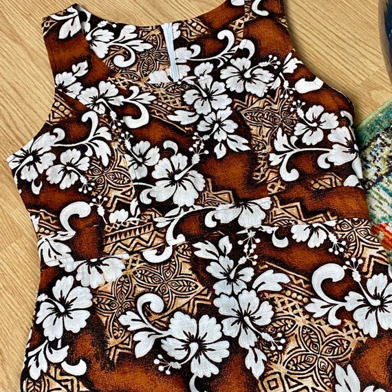 Vintage Dress 1960s Hawaiian Barkcloth Tiki Mini … - image 7