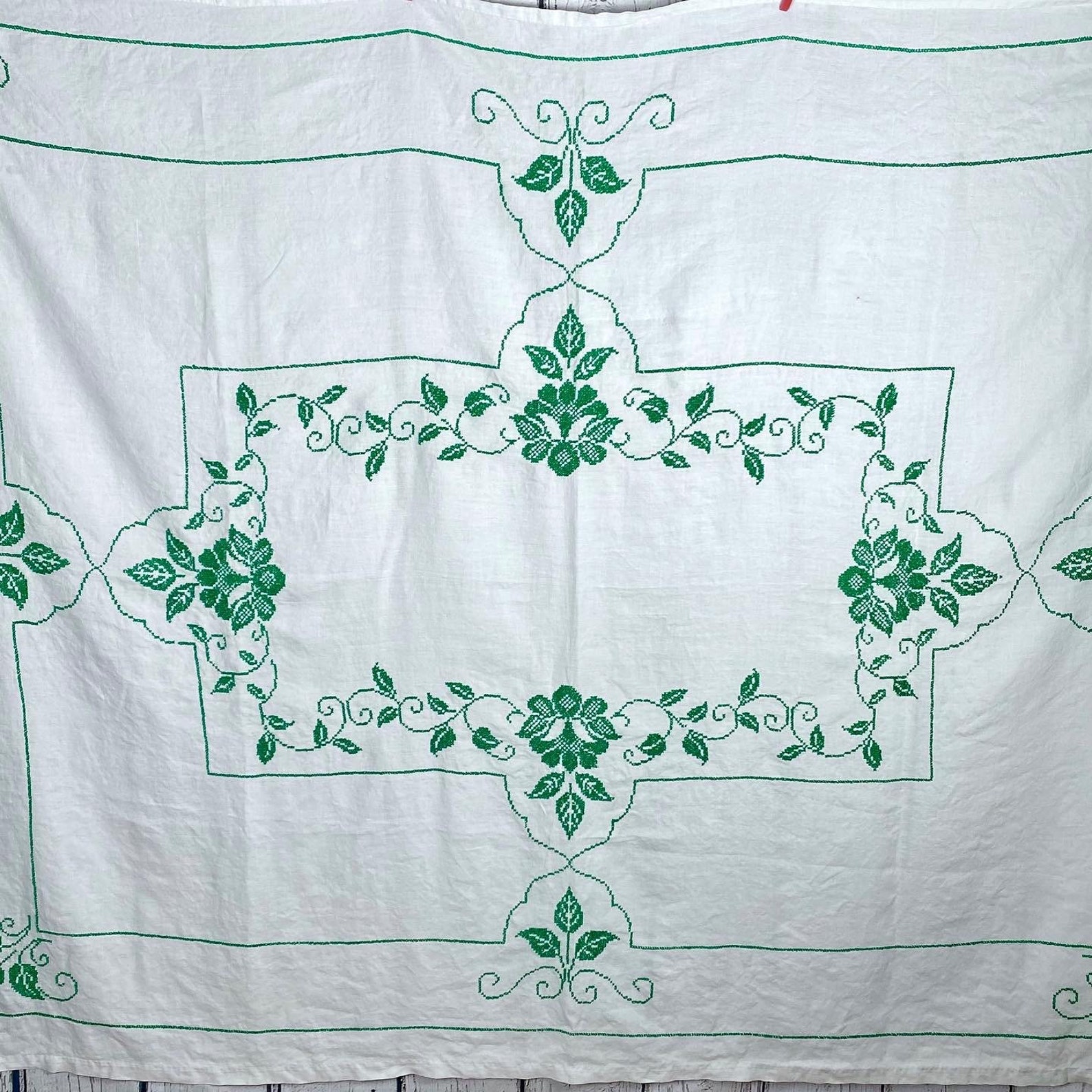 Large Vintage Tablecloth Embroidered Green Cotton Linen 74 X Etsy