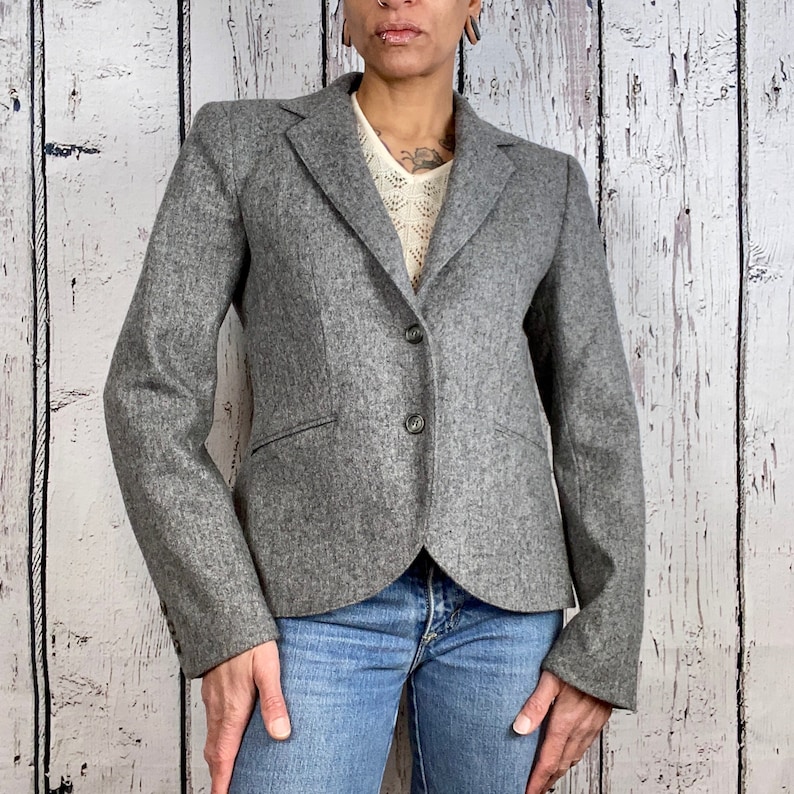 Vintage 1980s Wool Blazer Suit Jacket Career Wear Gray Small Medium