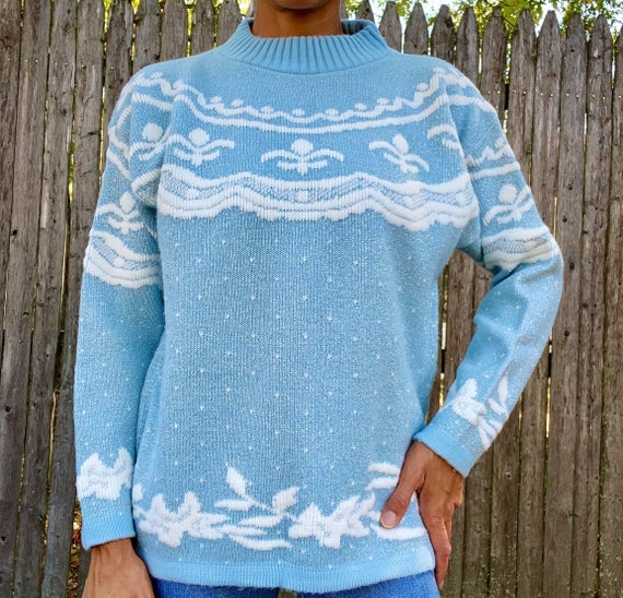 Vintage Sweater 1980s Light Blue Metallic Medium - image 1