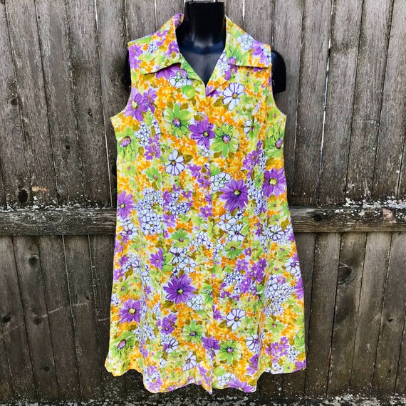 Vintage 1960s Floral Shift Dress Cotton Large Sum… - image 5